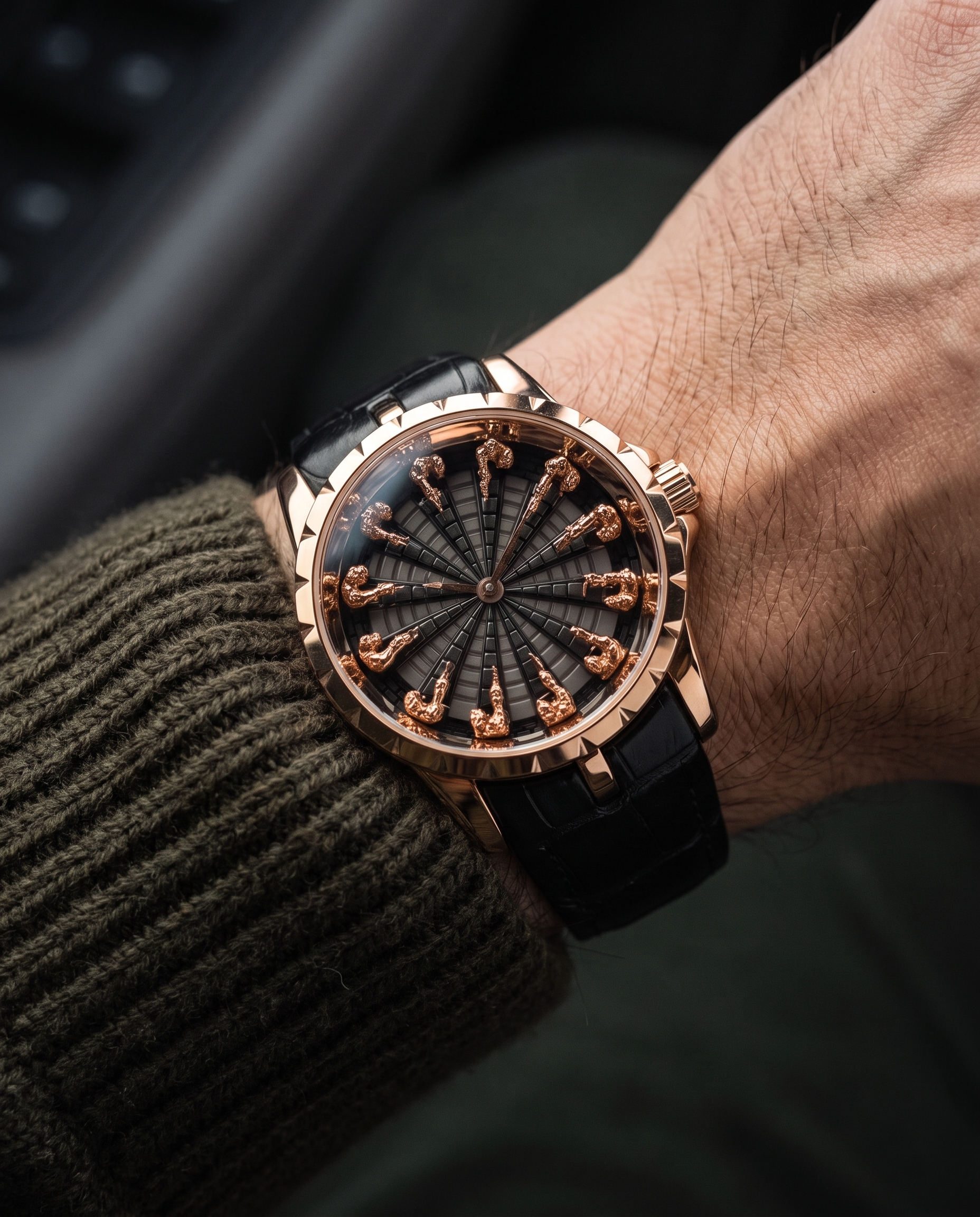 Montavier rose gold knights watch, olive knit
