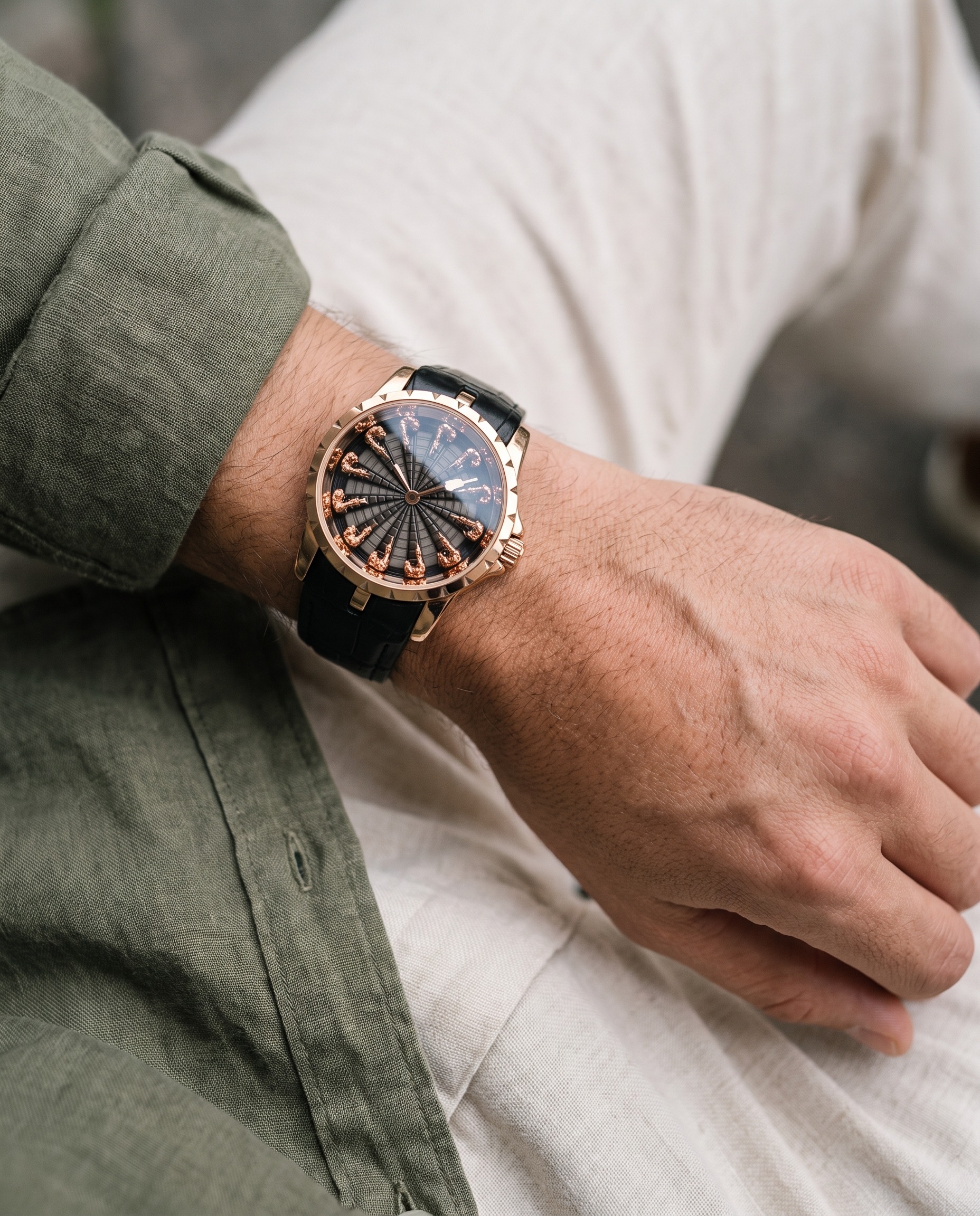 Montavier rose gold knights watch, olive linen