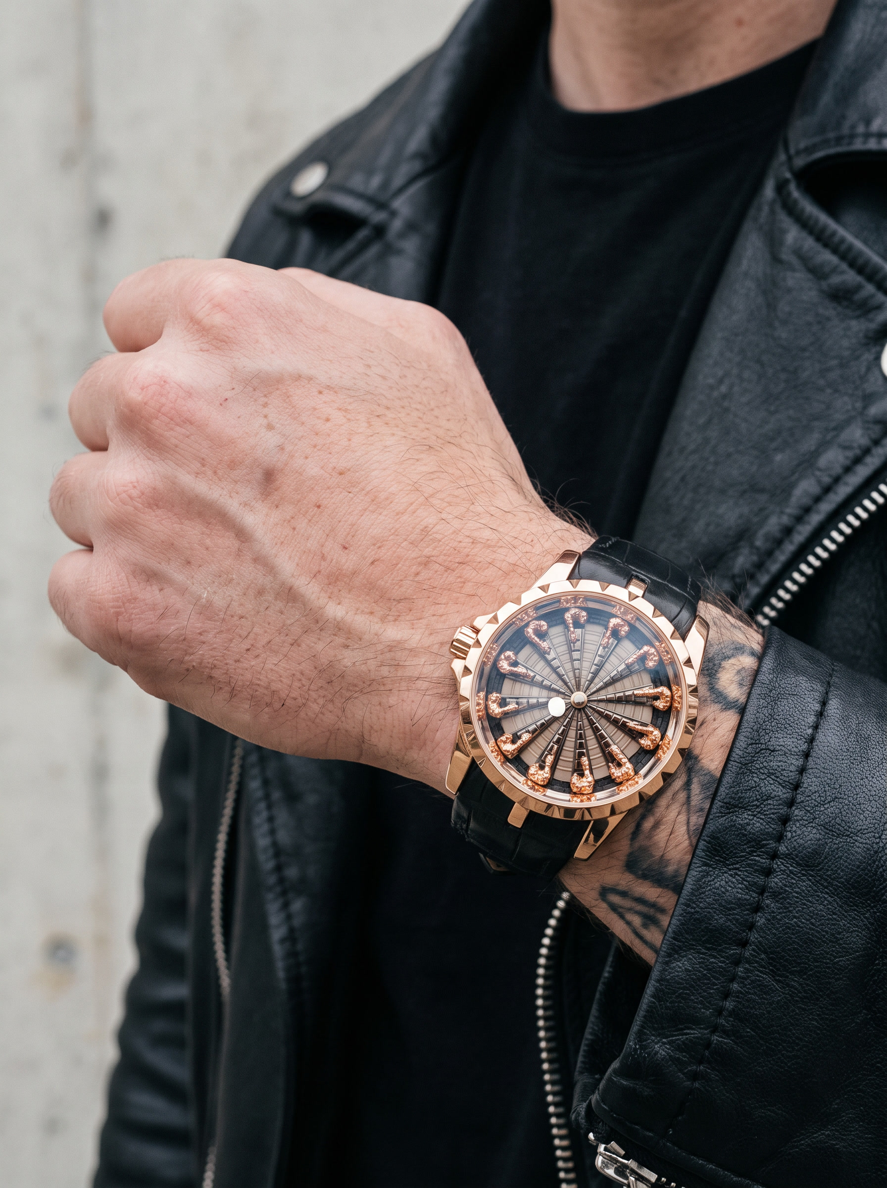 Montavier rose gold knights watch, leather jacket