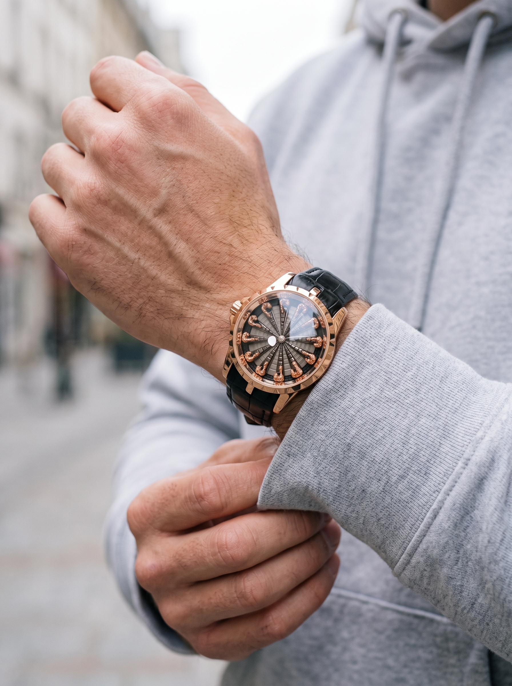 Montavier rose gold knights watch, grey hoodie street