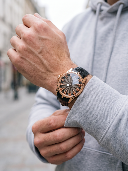 Montavier rose gold knights watch, grey hoodie street