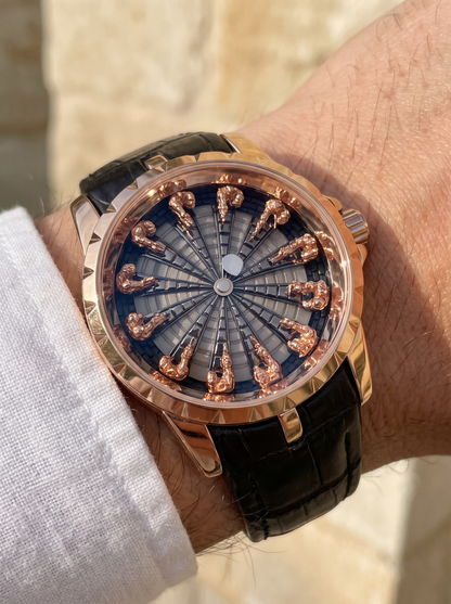 Montavier rose gold knights watch on wrist, white linen