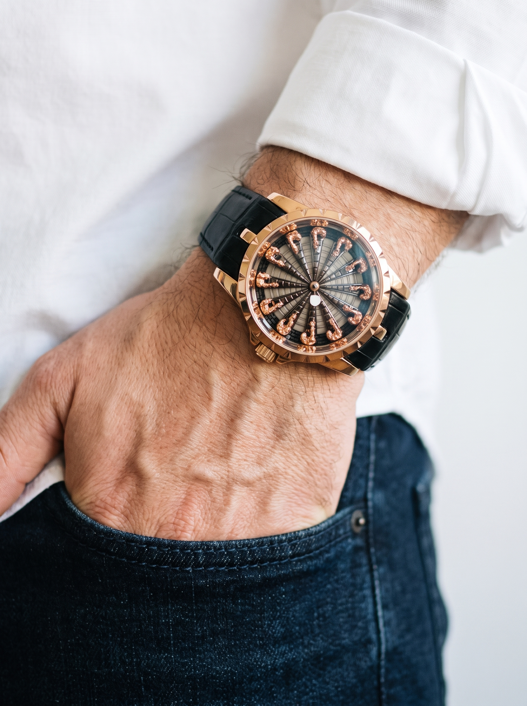 Montavier rose gold knights watch, white shirt and denim