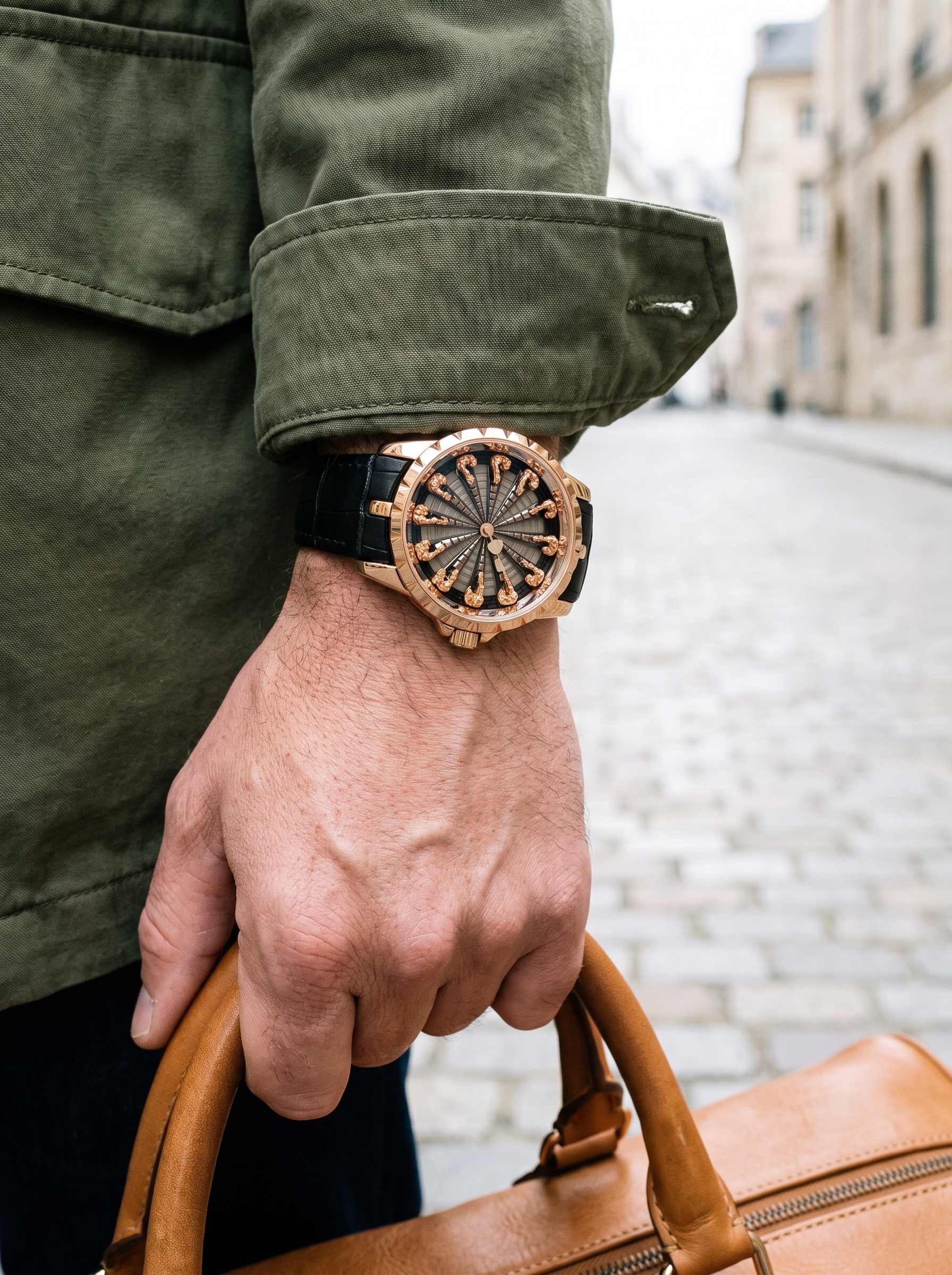 Montavier rose gold knights watch, leather weekender bag