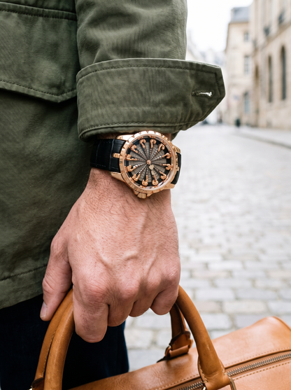 Montavier rose gold knights watch, leather weekender bag