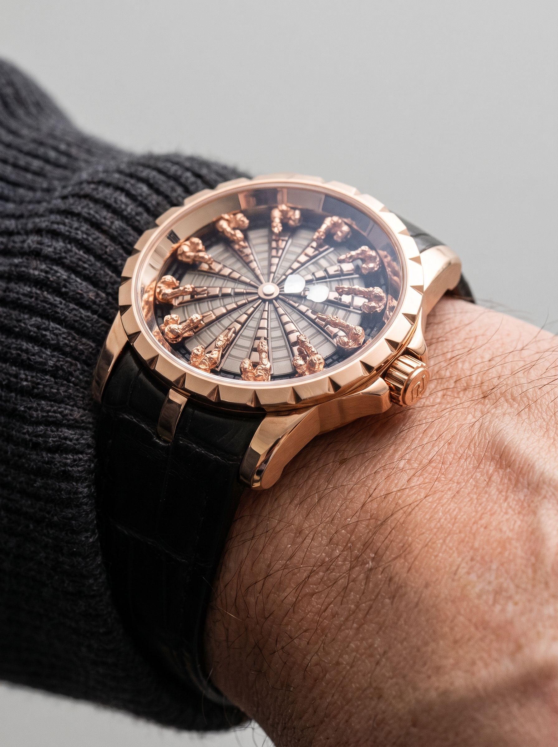 Montavier rose gold knights watch, bezel and crown detail on wrist