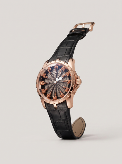 Montavier rose gold knights watch, three-quarter view on grey