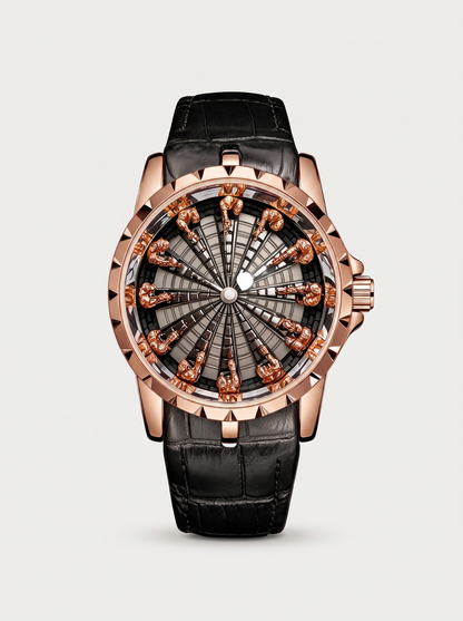 Montavier rose gold knights watch, front view on grey