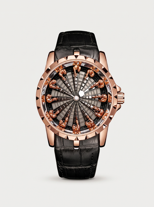 Montavier rose gold knights watch, front view on grey